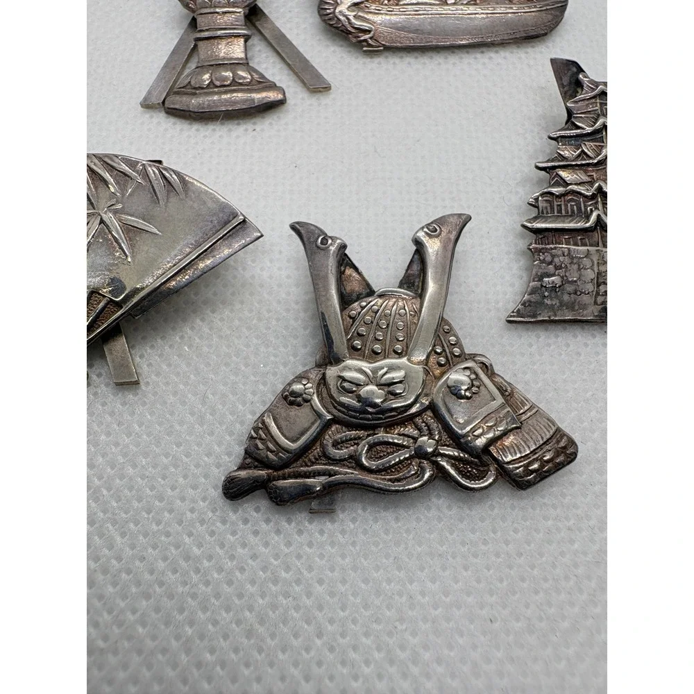 Vintage 950 Silver Japan Scarf Clip Set Dragon Boat Pagoda Samurai Fan 16.38g